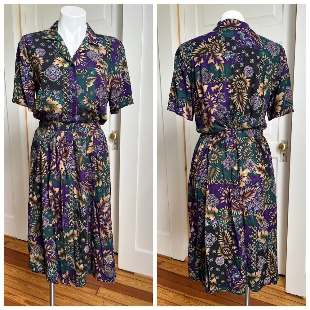 80s purple two piece blouse and skirt